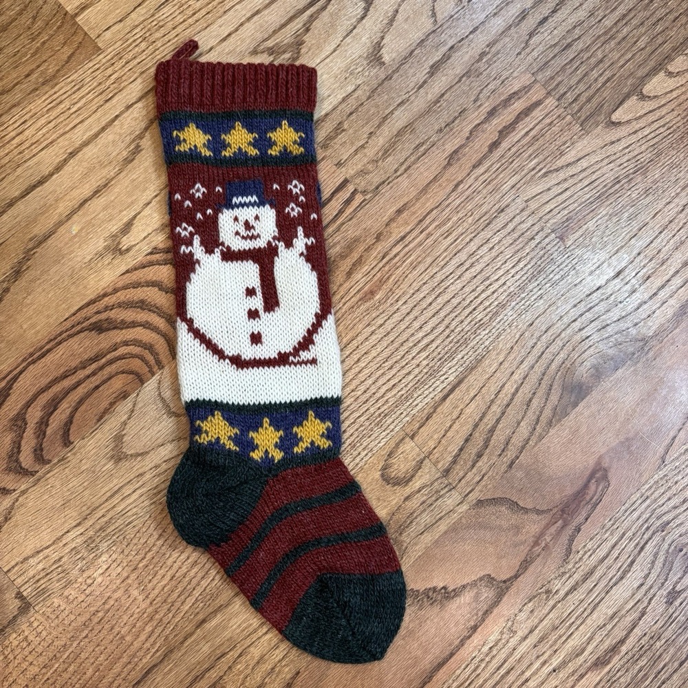 Vintage Russ Knit Snowman Christmas Stocking Wool Blend Red Blue‎ Nordic Holiday